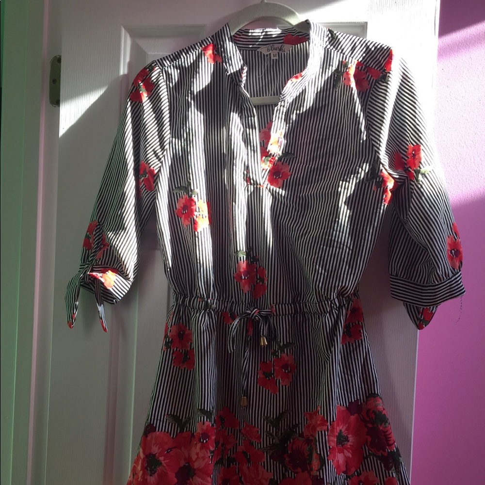 Spring black white and pink rose floral dress